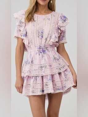 LoveShackFancy Natasha Tiered Ruffled Mini Dress Juicy Plum Pink Purple L